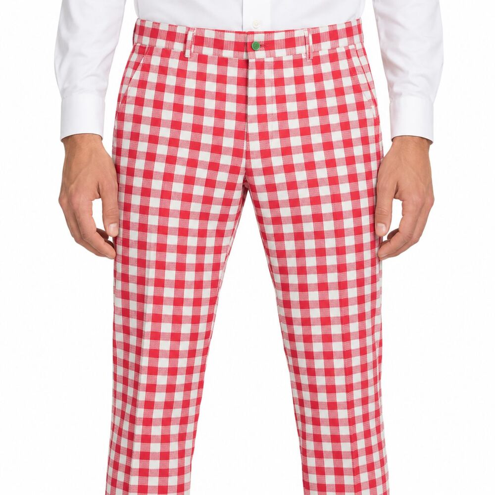 Mens 36 Red White Gingham Check Cotton Slim Fit Dress Pants Handmade Trousers